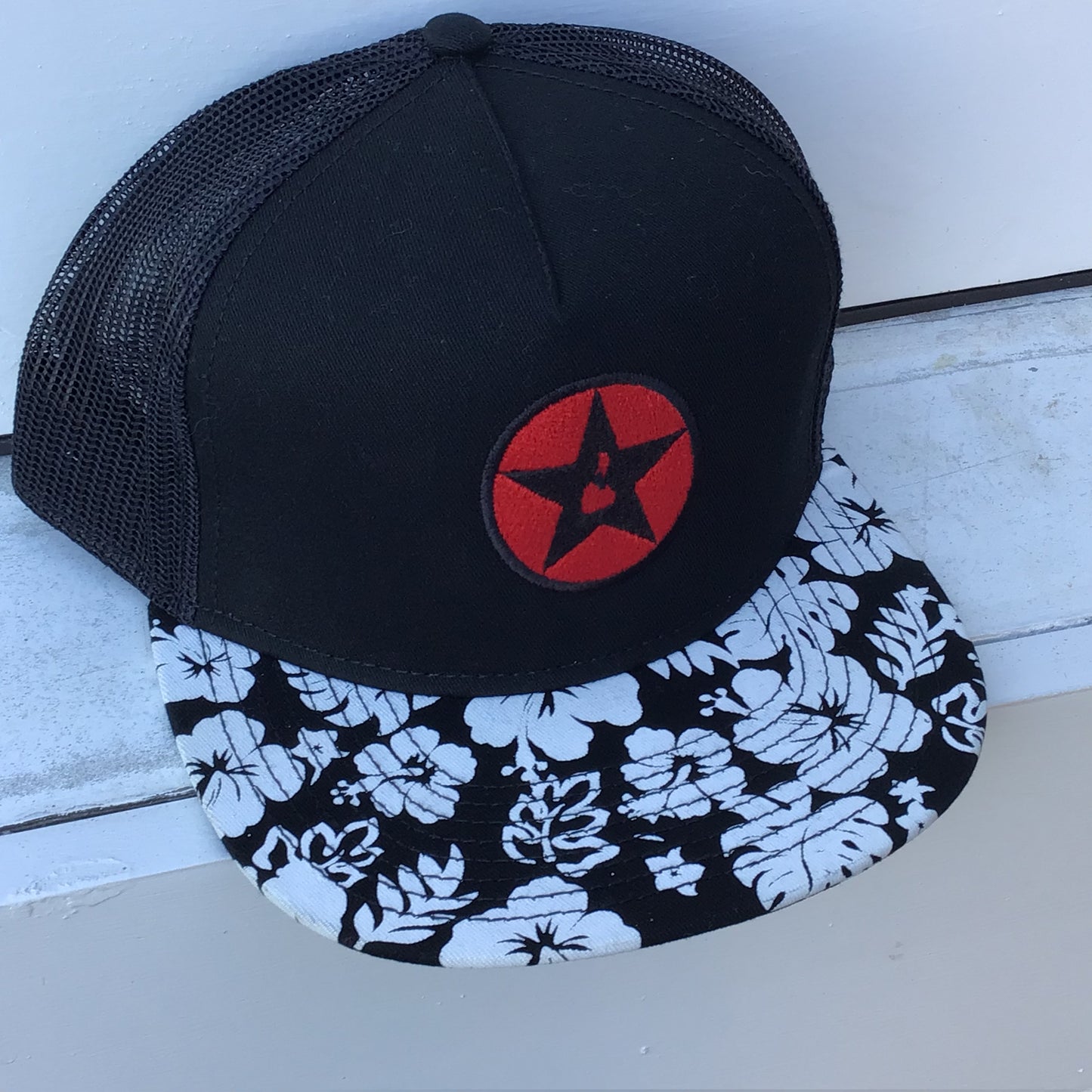 B&W Floral Flat Brim Hat