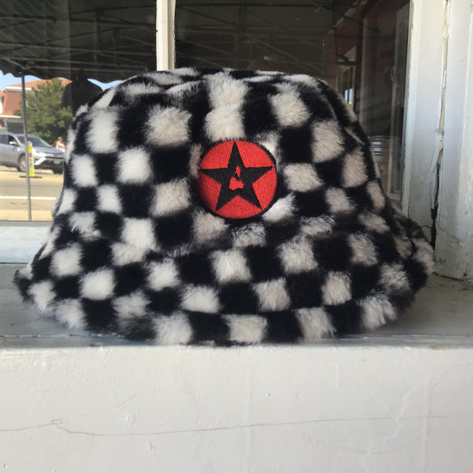 Fuzzy checkered Blockstar bucket hat