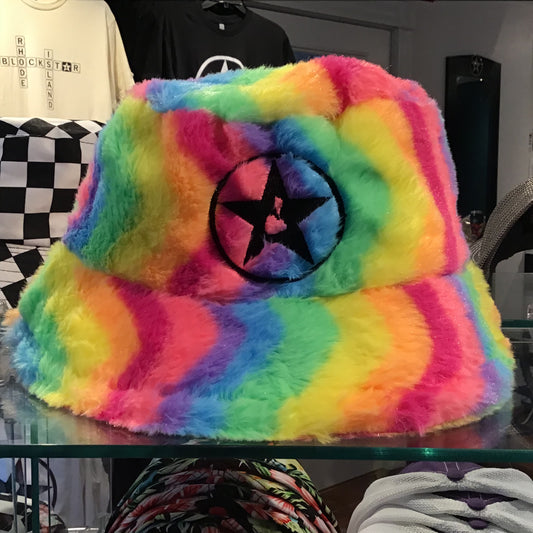 Pastel Rainbow Fuzzy Bucket Blockstar Hat